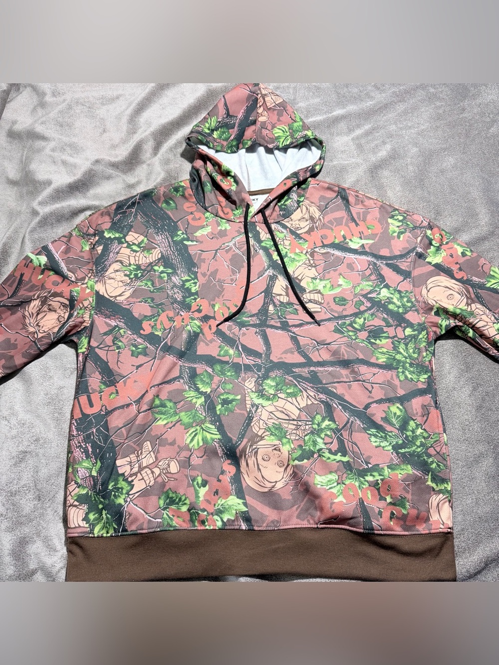 New Chucky Camouflage Hoodie Good Guys Doll Faces Brown Trim Fleece Sweatshirt M